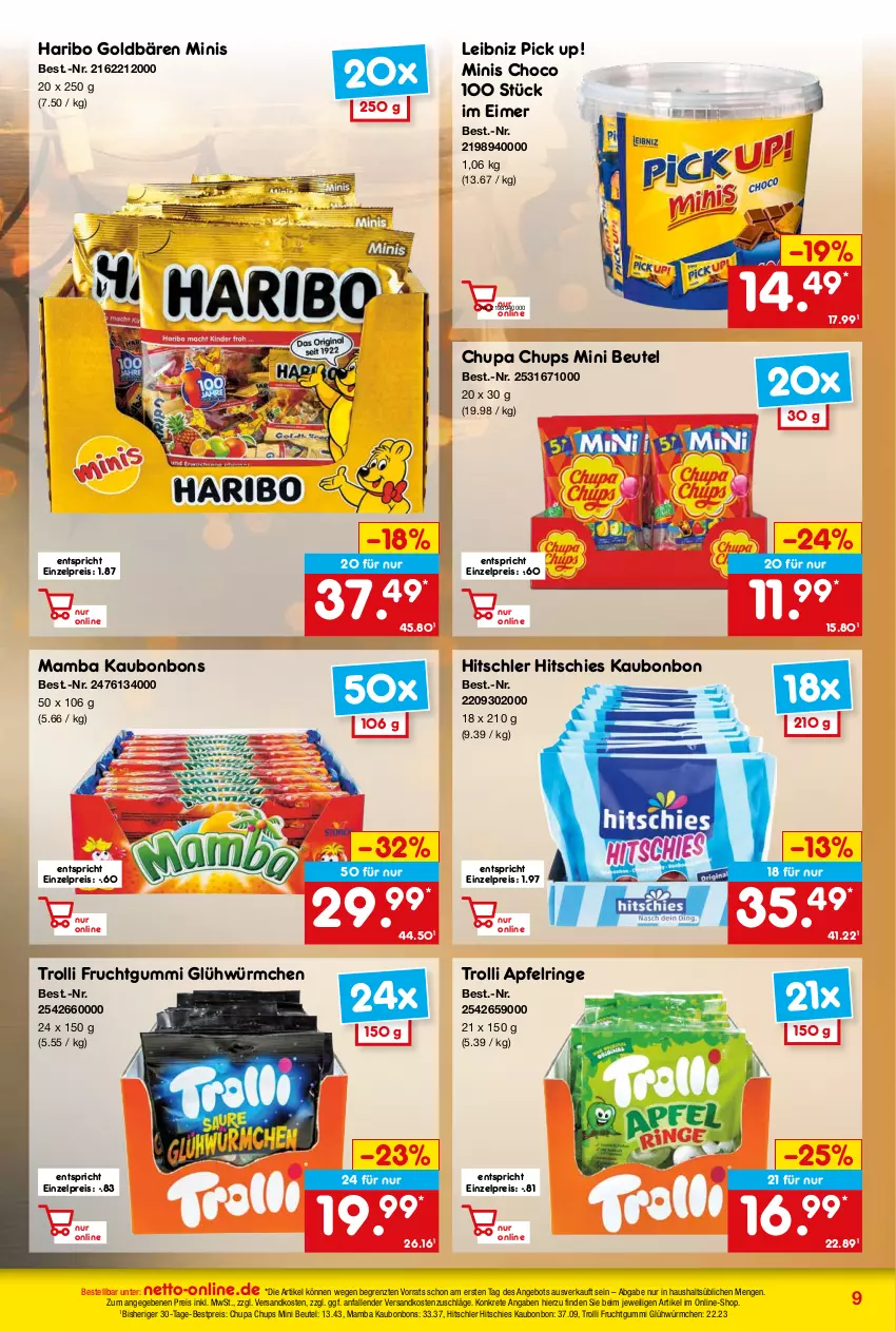 Aktueller Prospekt Netto Marken-Discount - Online-Angebote Oktober - von 02.10 bis 31.10.2023 - strona 9 - produkty: angebot, apfel, bestpreis, beutel, bonbons, chupa, chupa chups, eimer, eis, frucht, fruchtgummi, goldbären, haribo, hitschler, leibniz, mam, ndk, Pick Up!, reis, ring, Ti, trolli, trolli fruchtgummi, ZTE