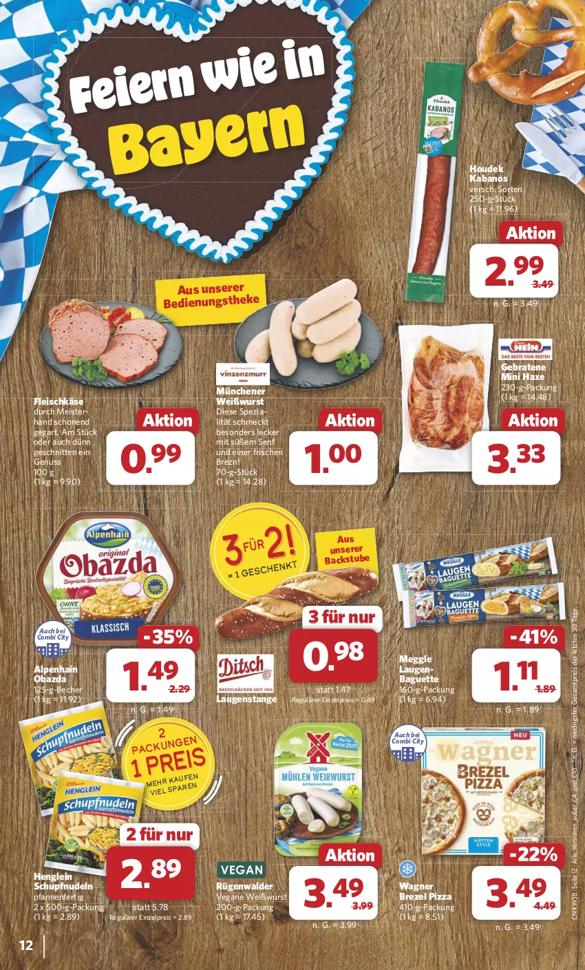 Aktueller Prospekt Combi - Prospekte - von 16.09 bis 21.09.2024 - strona 12 - produkty: Alpenhain, axe, baguette, Becher, braten, brezel, eis, fleisch, fleischkäse, Haxe, henglein, houdek, kabanos, Käse, Laugenstange, meggle, Meister, nudel, nudeln, nuss, obazda, pfanne, pfannen, pizza, reis, rügenwalder, schnitten, senf, Spezi, stube, Ti, wagner, Weißwurst, wurst, ZTE