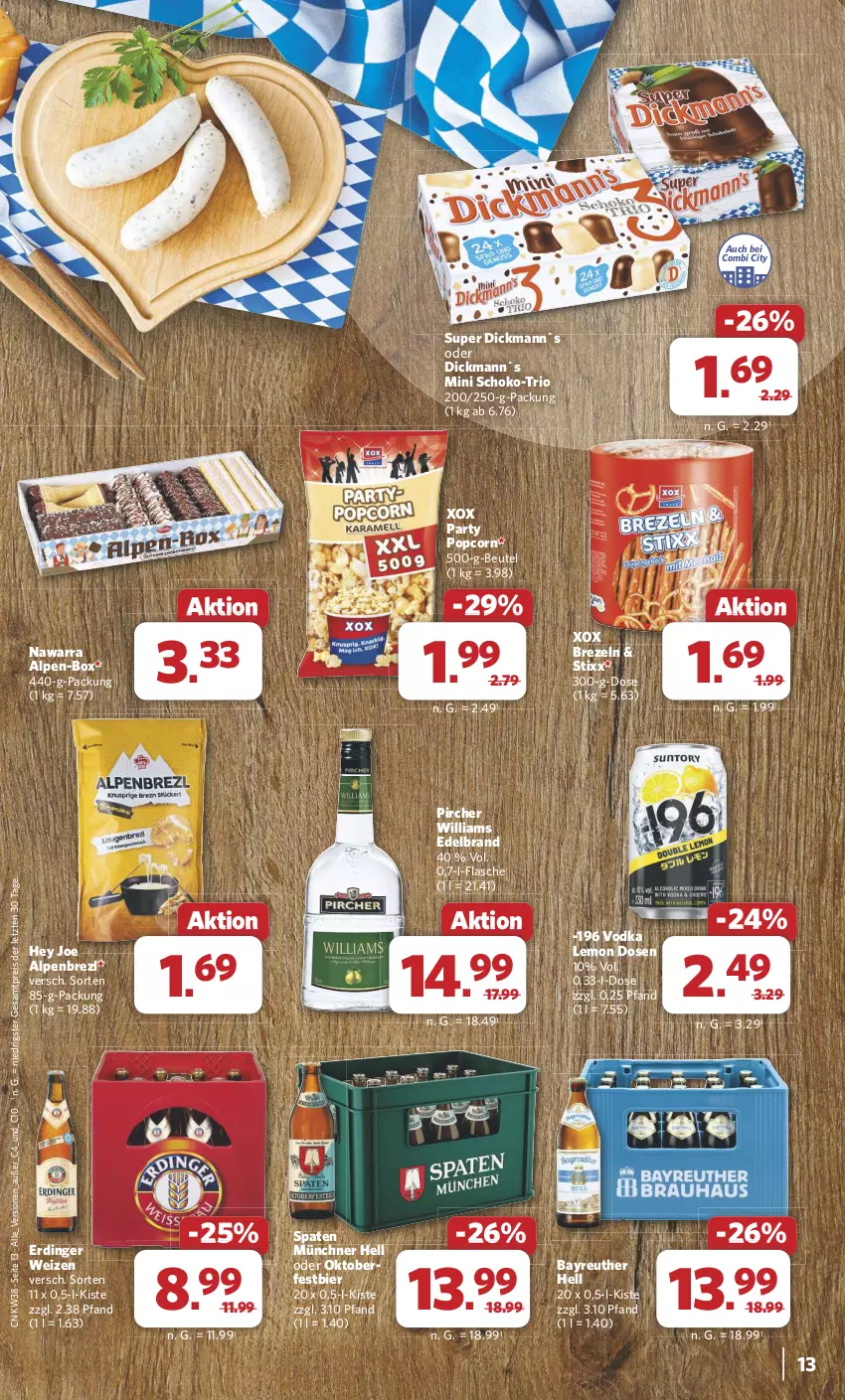 Aktueller Prospekt Combi - Prospekte - von 16.09 bis 21.09.2024 - strona 13 - produkty: beutel, bier, brezel, Brezeln, eis, erdinger, flasche, pircher, popcorn, reis, schoko, Spaten, Ti, vodka, ZTE