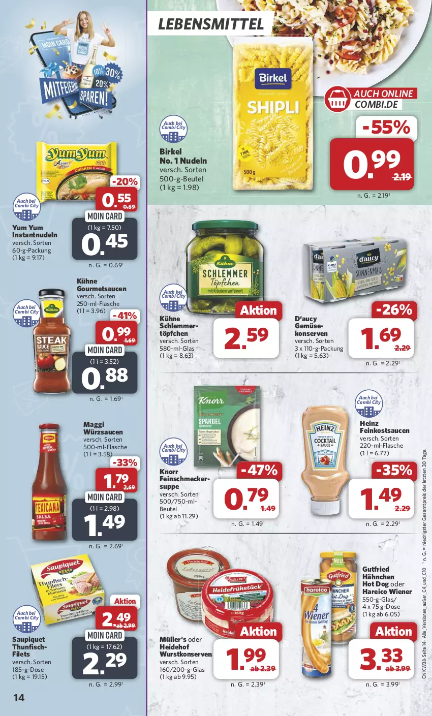 Aktueller Prospekt Combi - Prospekte - von 16.09 bis 21.09.2024 - strona 14 - produkty: beutel, birkel, eis, feinkost, feinschmecker, filet, filets, fisch, flasche, Gemüsekonserve, gutfried, heinz, hot dog, knorr, Konserven, Kühne, lebensmittel, maggi, Müller, nudel, nudeln, reis, sauce, saucen, saupiquet, schlemmertöpfchen, suppe, thunfisch, Ti, Töpfchen, wiener, wurst, wurstkonserven, würzsauce, würzsaucen, Yum Yum, ZTE