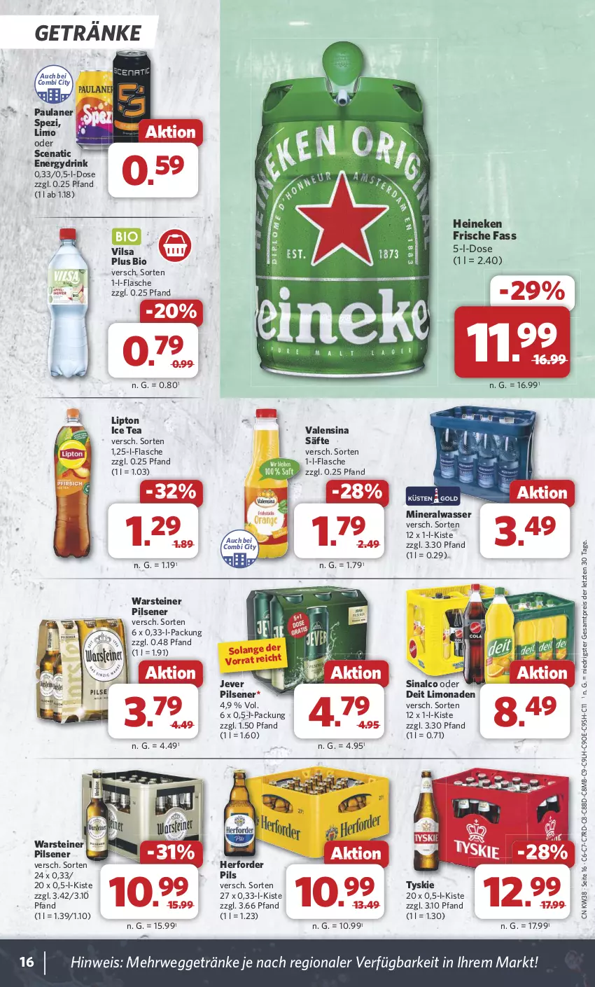 Aktueller Prospekt Combi - Prospekte - von 16.09 bis 21.09.2024 - strona 16 - produkty: Alwa, bio, deit, drink, eis, flasche, getränk, getränke, heineken, ice tea, jever, jever pilsener, limo, limonade, limonaden, lipton, lipton ice tea, mineralwasser, Paula, paulaner, pils, pilsener, reis, rwe, säfte, sinalco, Spezi, steiner, Ti, tyskie, valensina, vilsa, warsteiner, wasser, ZTE