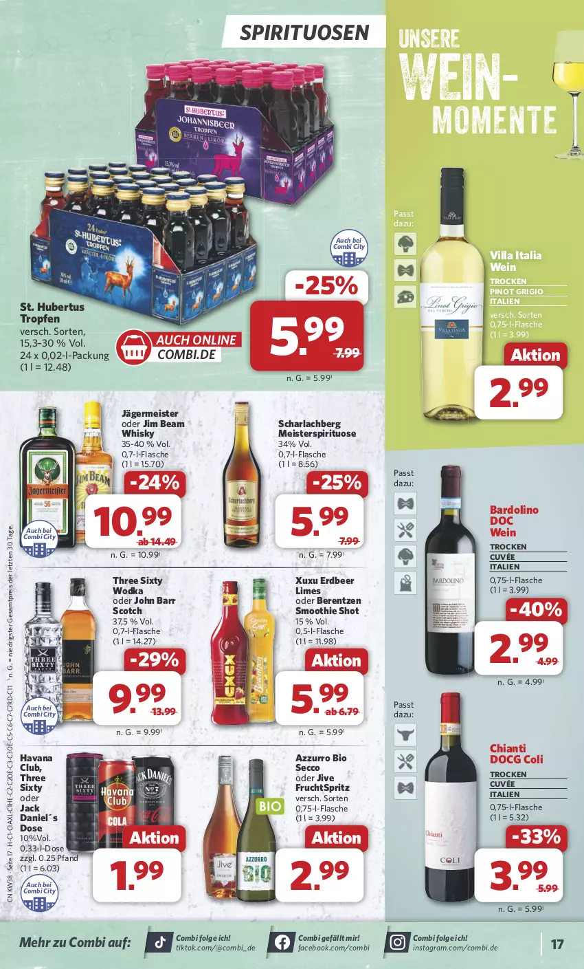 Aktueller Prospekt Combi - Prospekte - von 16.09 bis 21.09.2024 - strona 17 - produkty: arla, berentzen, bio, chia, chianti, cuvée, ecco, eis, ente, flasche, frucht, Germ, Havana Club, jack daniel, jägermeister, jim beam, John Barr, LG, Meister, Pinot, pinot grigio, reis, scotch, smoothie, spirituosen, Three Sixty, Ti, wein, whisky, wodka, ZTE