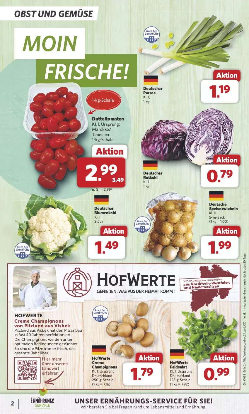 Aktueller Prospekt Combi - Prospekte - von 16.09 bis 21.09.2024 - strona 2 - produkty: Bau, blume, blumen, blumenkohl, champignon, champignons, creme, datteltomaten, eis, erde, feldsalat, lebensmittel, obst, Obst und Gemüse, pilze, reis, rotkohl, sac, salat, Schal, Schale, Speisezwiebeln, Ti, tomate, tomaten, und gemüse, ZTE, zwiebel, zwiebeln