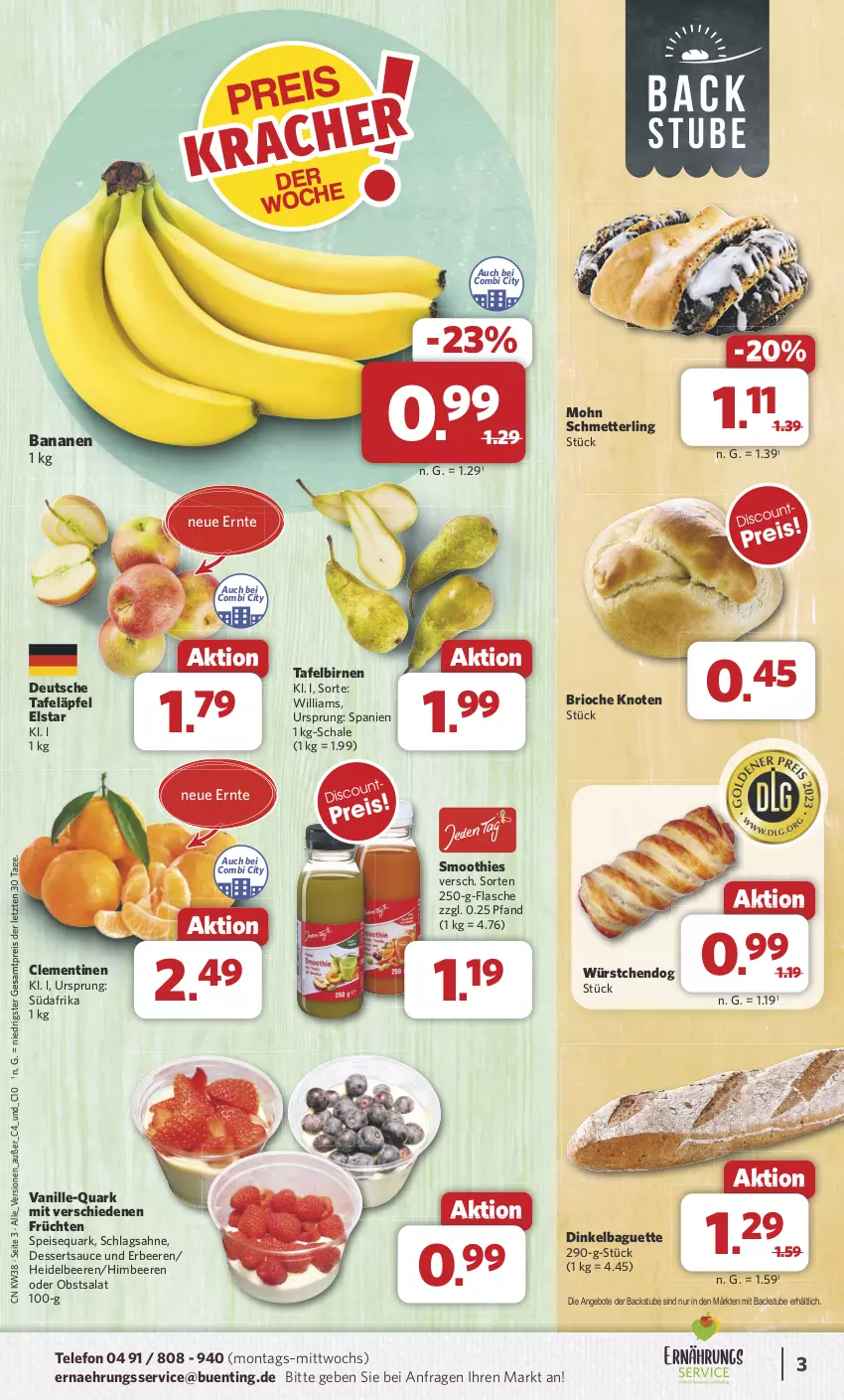 Aktueller Prospekt Combi - Prospekte - von 16.09 bis 21.09.2024 - strona 3 - produkty: angebot, angebote, baguette, banane, bananen, beere, beeren, Birnen, clementinen, dessert, desserts, dessertsauce, eis, flasche, früchte, früchten, heidelbeere, heidelbeeren, himbeer, himbeere, himbeeren, Mett, obst, quark, reis, sahne, salat, sauce, Schal, Schale, schlagsahne, Schmetterling, smoothie, smoothies, speisequark, stube, tafeläpfel, tafelbirnen, telefon, Ti, vanille, würstchen, ZTE