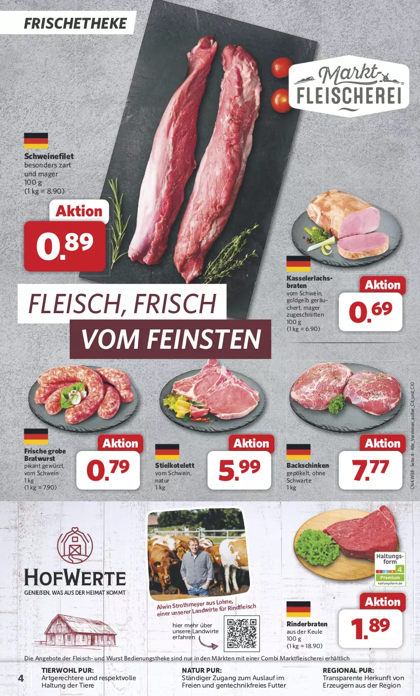 Aktueller Prospekt Combi - Prospekte - von 16.09 bis 21.09.2024 - strona 4 - produkty: angebot, angebote, braten, bratwurst, eis, ente, filet, fleisch, Fleischerei, gewürz, grobe bratwurst, kasseler, kotelett, lachs, Lachsbraten, natur, rind, rinder, rinderbraten, rindfleisch, Schere, schinken, schnitten, schwein, schweine, schweinefilet, Ti, Tiere, wein, weine, wurst