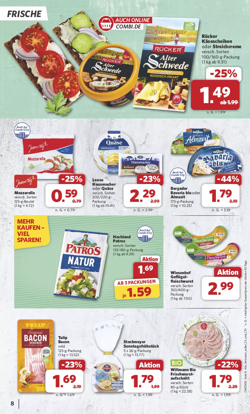 Aktueller Prospekt Combi - Prospekte - von 16.09 bis 21.09.2024 - strona 8 - produkty: aufschnitt, bacon, bavaria blu, bergader, beutel, bio, creme, eis, fleisch, fleischwurst, Geflügel, Hausmacher, hochland, Käse, käsescheiben, Loose, mac, mozzarella, patros, quäse, reis, rel, Ria, stockmeyer, Ti, tulip, wiesenhof, wiltmann, wurst, ZTE