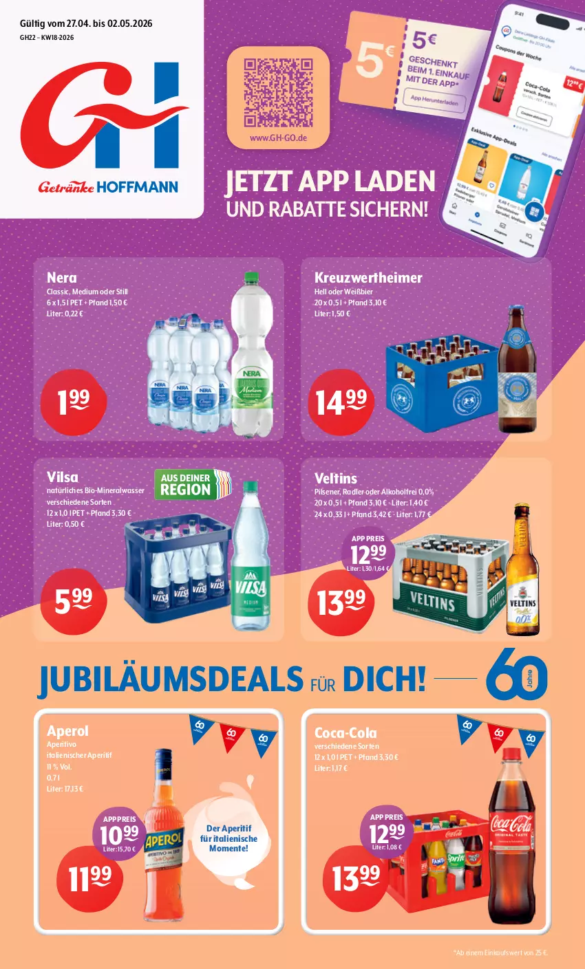 Aktueller Prospekt Getraenke Hoffmann - Prospekte - von 27.04 bis 02.05.2026 - strona 1 - produkty: alkohol, Alwa, aperitif, aperol, bier, bio, coca-cola, cola, eimer, eis, ente, Jubiläums, mineralwasser, pils, pilsener, radler, reis, Ti, veltins, vilsa, wasser