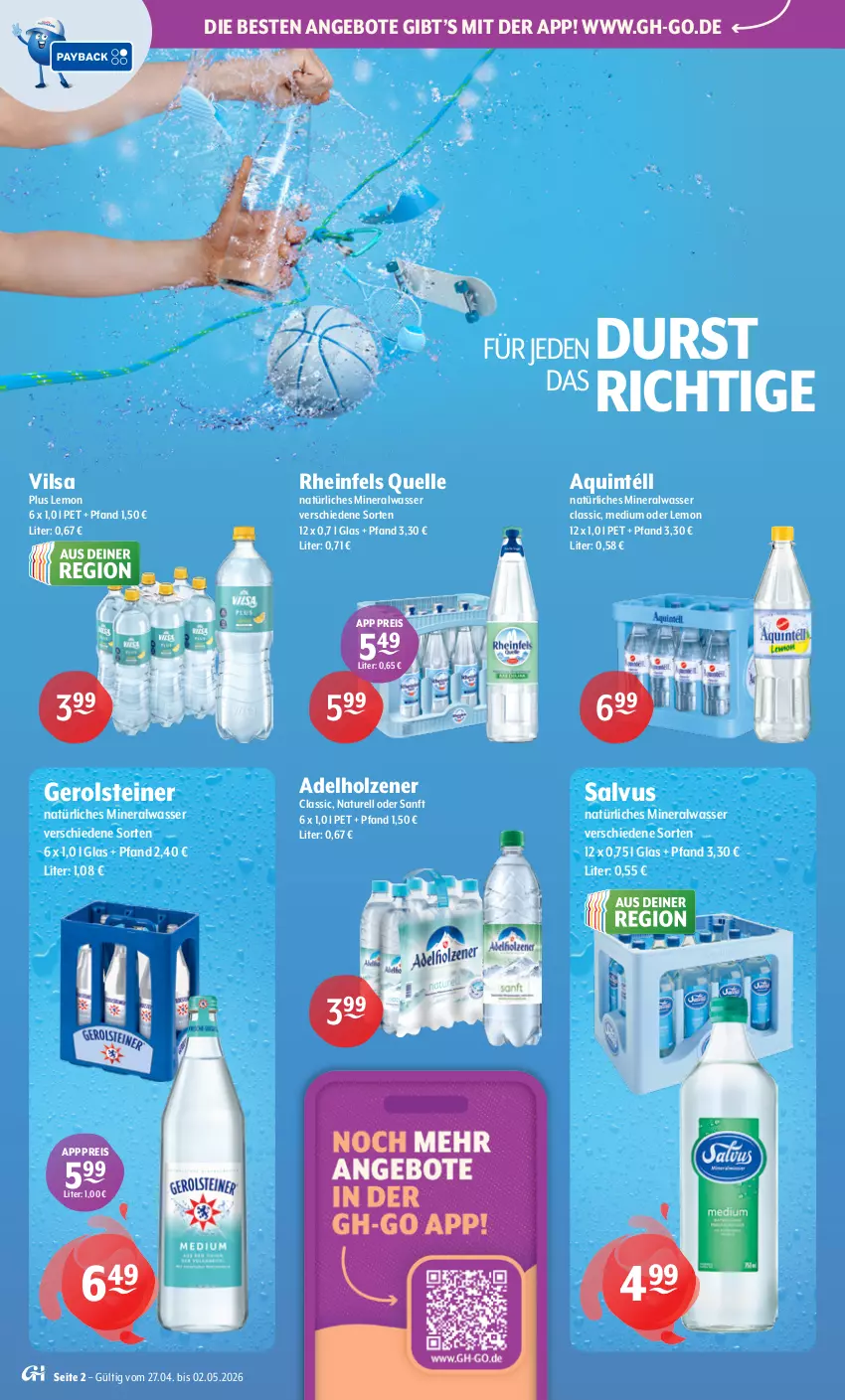 Aktueller Prospekt Getraenke Hoffmann - Prospekte - von 27.04 bis 02.05.2026 - strona 2 - produkty: adelholzener, Alwa, angebot, angebote, eis, elle, gerolsteine, gerolsteiner, Holz, mineralwasser, Mineralwasser Classic, natur, natürliches mineralwasser, reis, rel, rheinfels quelle, steiner, Ti, vilsa, wasser