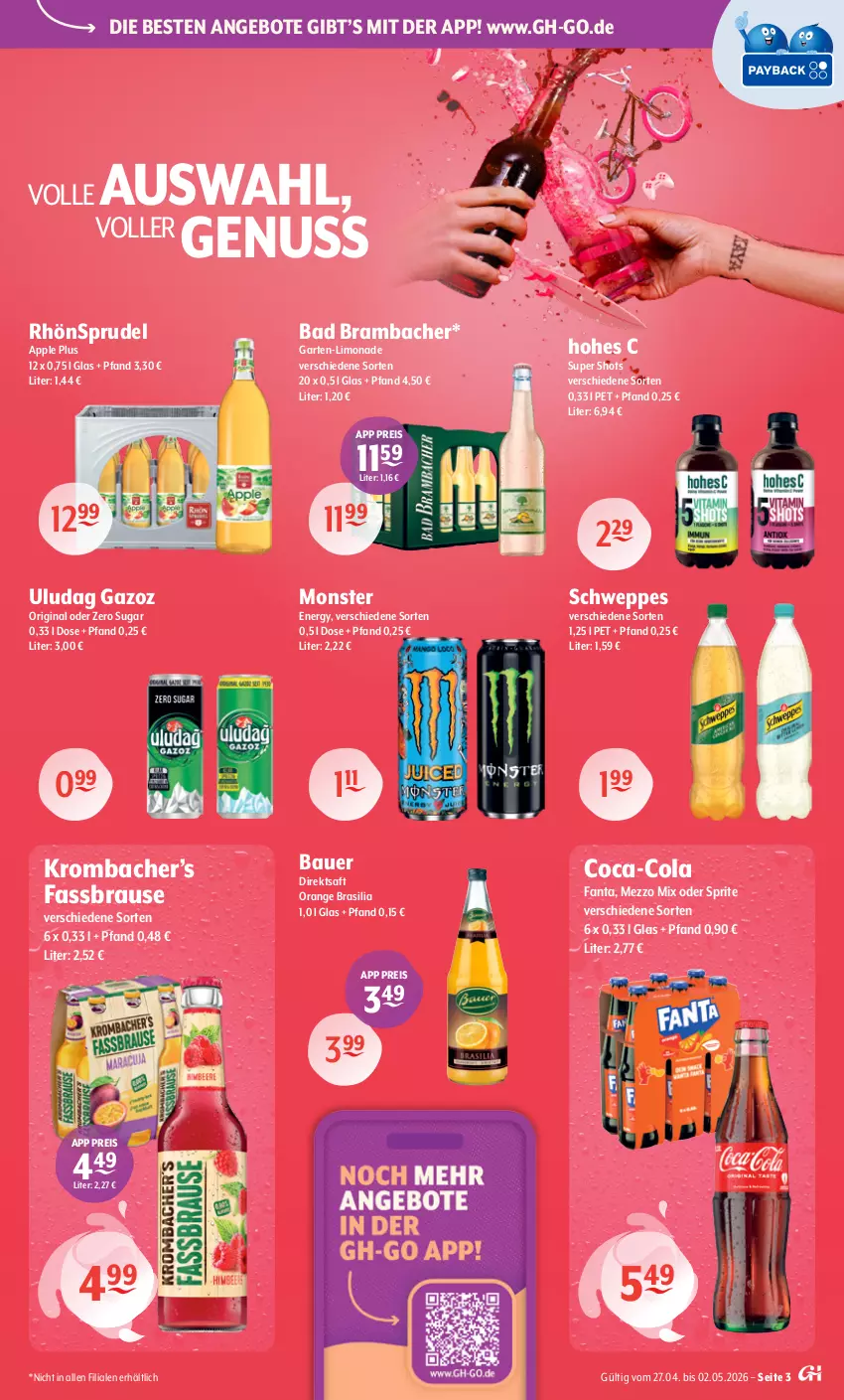 Aktueller Prospekt Getraenke Hoffmann - Prospekte - von 27.04 bis 02.05.2026 - strona 3 - produkty: angebot, angebote, Apple, auer, Bad, Bau, Bauer, brause, coca-cola, cola, direktsaft, eis, fanta, fassbrause, Garten, gin, Hohes C, krombache, krombacher, limo, limonade, Mezzo Mix, monster, Monster Energy, nuss, oder sprite, orange, reis, RhönSprudel, saft, schweppes, sprite, Sprudel, Ti