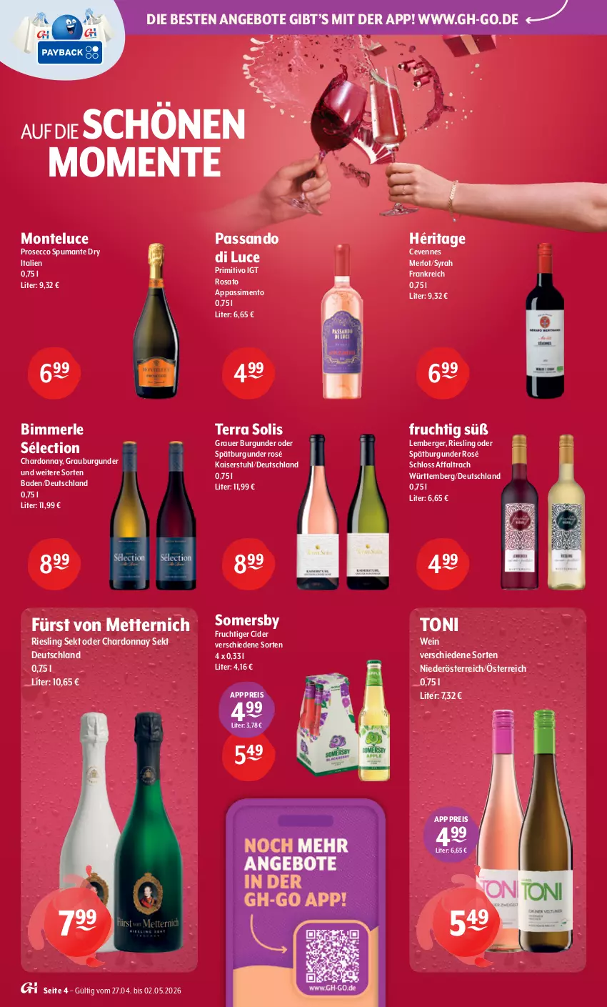 Aktueller Prospekt Getraenke Hoffmann - Prospekte - von 27.04 bis 02.05.2026 - strona 4 - produkty: angebot, angebote, auer, Bad, Berger, burgunder, chardonnay, cider, ecco, eis, ente, frucht, fürst von metternich, grauburgunder, grauer burgunder, Kaiser, merl, merlot, Mett, metternich, monte, primitivo, prosecco, puma, reis, riesling, rosato, sekt, sim, somersby, spätburgunder, spumante, stuhl, Ti, wein