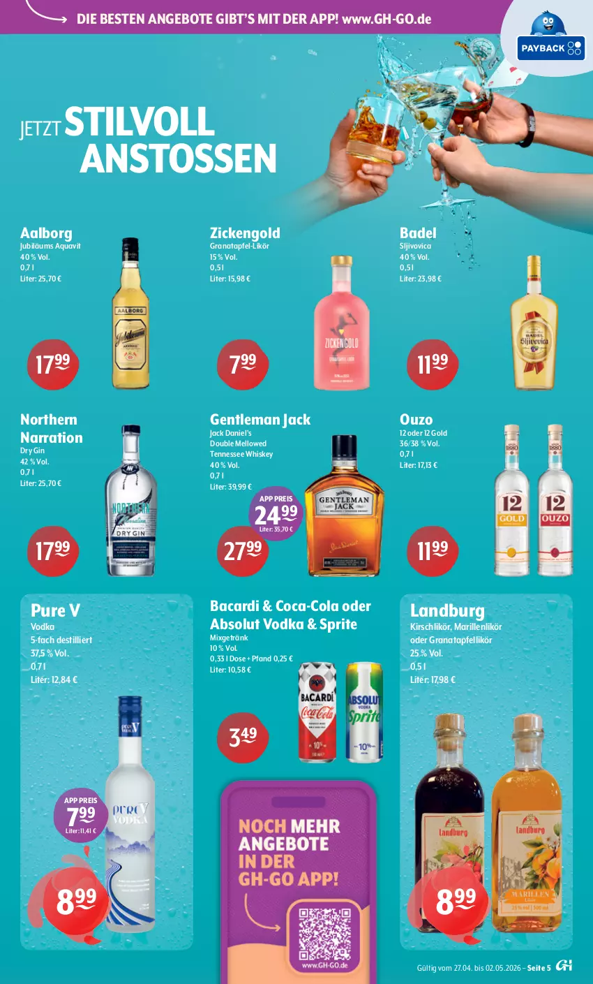 Aktueller Prospekt Getraenke Hoffmann - Prospekte - von 27.04 bis 02.05.2026 - strona 5 - produkty: Aalborg, Absolut Vodka, angebot, angebote, apfel, aqua, aquavit, bacardi, Bad, coca-cola, cola, dry gin, eis, getränk, gin, grana, granatapfel, jack daniel, Jack Daniel’s, Jubiläums, kirsch, Kirschlikör, likör, Mixgetränk, ouzo, ouzo 12, Rana, reis, sprite, tennessee whiskey, Ti, vodka, whiskey