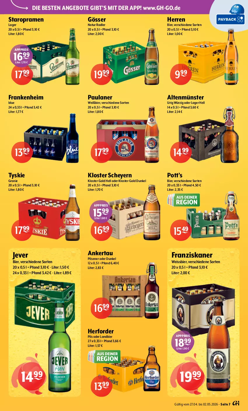 Aktueller Prospekt Getraenke Hoffmann - Prospekte - von 27.04 bis 02.05.2026 - strona 7 - produkty: Altenmünster, angebot, angebote, bier, eis, franziskaner, gösser, jever, natur, natur radler, Paula, paulaner, pils, pilsener, radler, reis, Staropramen, Ti, tyskie, weissbier