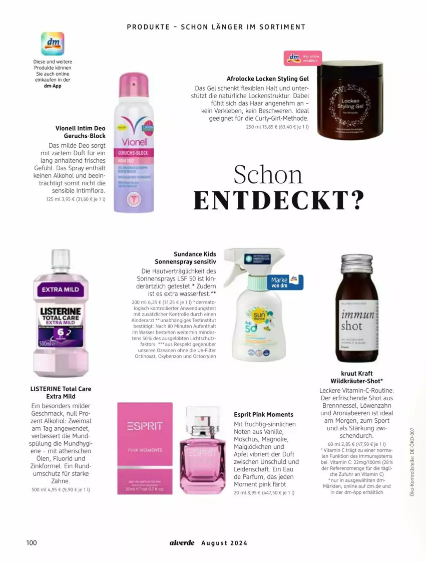 Aktueller Prospekt Dm Drogerie - Prospekte - von 01.08 bis 31.08.2024 - strona 100 - produkty: alkohol, Alverde, apfel, beere, beeren, brie, deo, Eau de parfum, erde, esprit, frucht, Kinder, kraft, kräuter, listerine, mac, mit frucht, parfum, sonnenspray, Sport, spülung, Styling Gel, Ti, total care, trolli, uhr, vanille, Vionell, vita, Vitamin C, wasser, Wild