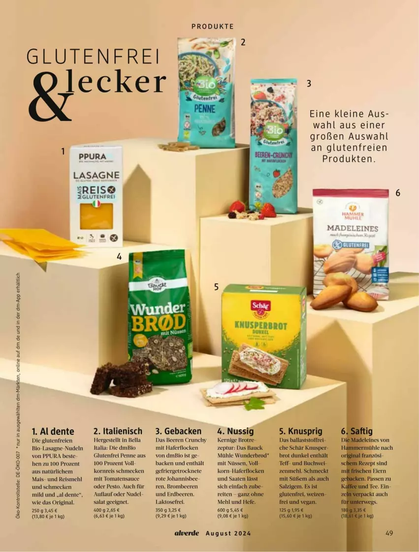 Aktueller Prospekt Dm Drogerie - Prospekte - von 01.08 bis 31.08.2024 - strona 49 - produkty: acer, Alverde, Bau, beere, beeren, bio, brombeere, brombeeren, brot, eis, ente, erdbeere, erdbeeren, erde, geback, gin, hafer, haferflocken, Hefe, korn, lasagne, leine, mais, mehl, nudel, nudeln, nuss, penne, pesto, reis, salat, sauce, tomate, tomaten, tomatensauce