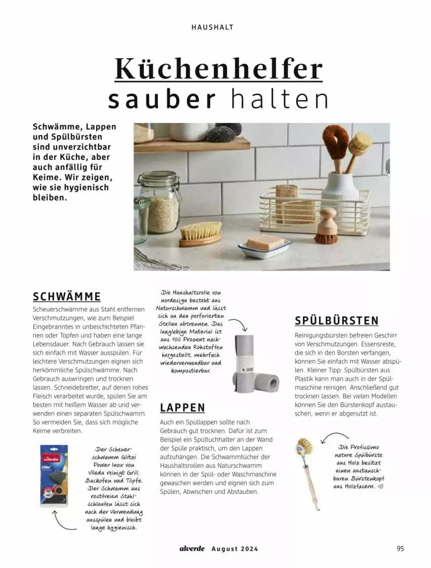 Aktueller Prospekt Dm Drogerie - Prospekte - von 01.08 bis 31.08.2024 - strona 95 - produkty: Alverde, asti, auer, aust, backofen, backofen und, Brei, bürste, bürsten, dell, eis, elle, erde, fleisch, geschirr, grill, Heu, Holz, küche, Küchen, Küchenhelfer, leine, Mode, natur, Ofen, Profissimo, Rauch, Reinigung, reinigungsbürste, Ria, ring, rwe, schneidebrett, schwamm, sim, Spülen, Stier, Ti, tisch, tuc, tücher, vileda, waschmaschine, wasser, Yo