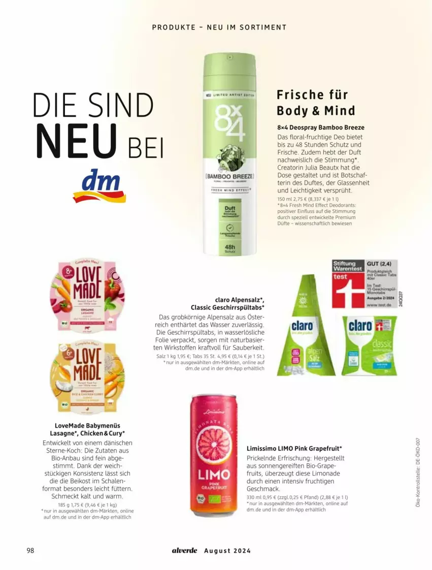 Aktueller Prospekt Dm Drogerie - Prospekte - von 01.08 bis 31.08.2024 - strona 98 - produkty: Alverde, bamboo, Bau, bio, body, bree, deo, deodorant, deospray, Effect, eis, elle, erde, frucht, geschirr, grapefruit, kraft, lasagne, limo, limonade, mac, natur, salz, Schal, Schale, sim, Spezi, Ti, wasser, WICK