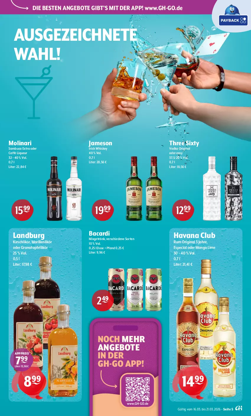 Aktueller Prospekt Getraenke Hoffmann - Prospekte - von 16.03 bis 21.03.2026 - strona 5 - produkty: angebot, angebote, apfel, bacardi, eis, getränk, gin, grana, granatapfel, Havana Club, irish whiskey, jameson, kirsch, Kirschlikör, likör, liqueur, mango, Mixgetränk, Molinari, Rana, reis, rum, sambuca, Three Sixty, Ti, vodka, whiskey