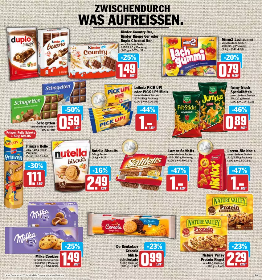 Aktueller Prospekt Aez - Prospekte - von 19.04 bis 23.04.2022 - strona 11 - produkty: beutel, cookie, cookies, de beukelaer, duplo, eis, elle, funny-frisch, Kinder, kinder bueno, kinder country, lachgummi, leibniz, lorenz, milch, milka, natur, nimm2, nutella, Pick Up!, prinzen rolle, reis, reiss, riegel, saltletts, schogetten, schoko, schokolade, Spezi, teller, Ti