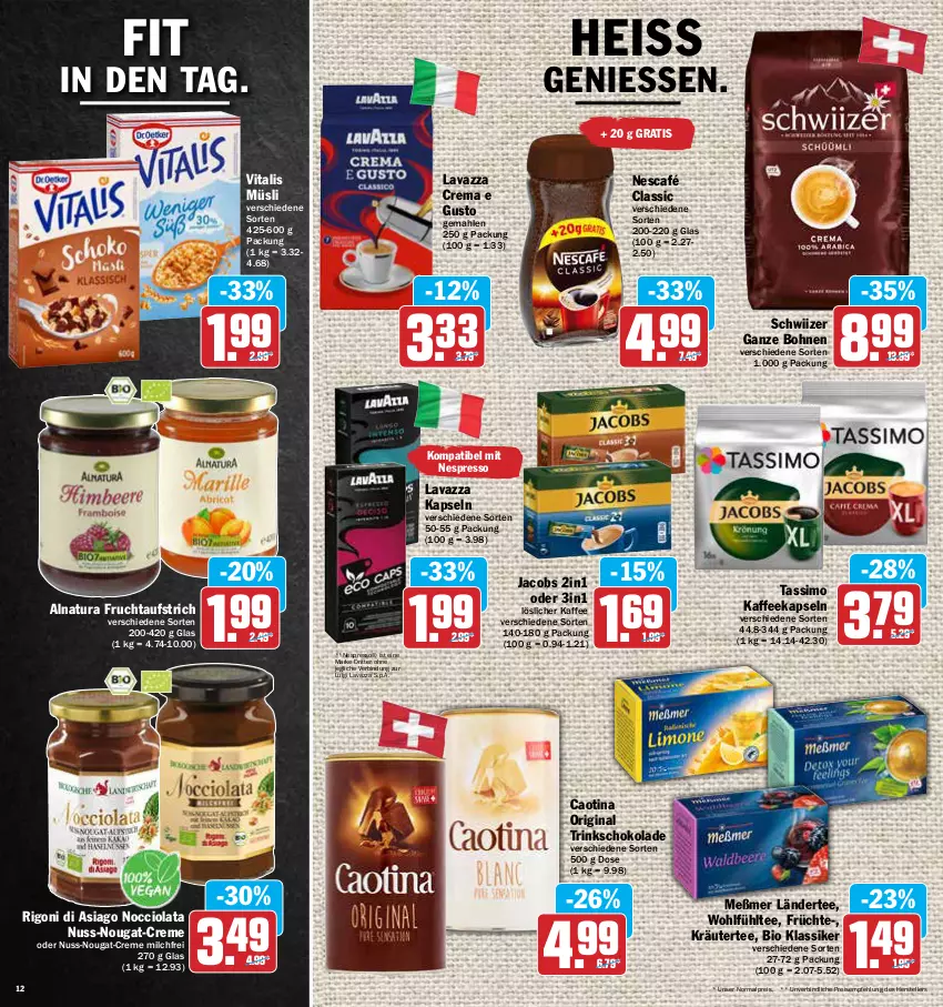 Aktueller Prospekt Aez - Prospekte - von 19.04 bis 23.04.2022 - strona 12 - produkty: aufstrich, bio, bohne, bohnen, creme, eis, elle, espresso, frucht, fruchtaufstrich, früchte, gin, jacobs, kaffee, kaffeekapseln, kräuter, Ländertee, lavazza, löslicher kaffee, Meßmer, milch, müsli, natur, natura, Nescafé, nespresso, nuss, nuss-nougat-creme, reis, ritter, schoko, schokolade, sim, tassimo, tee, teller, Ti, vita, vitalis, vitalis müsli