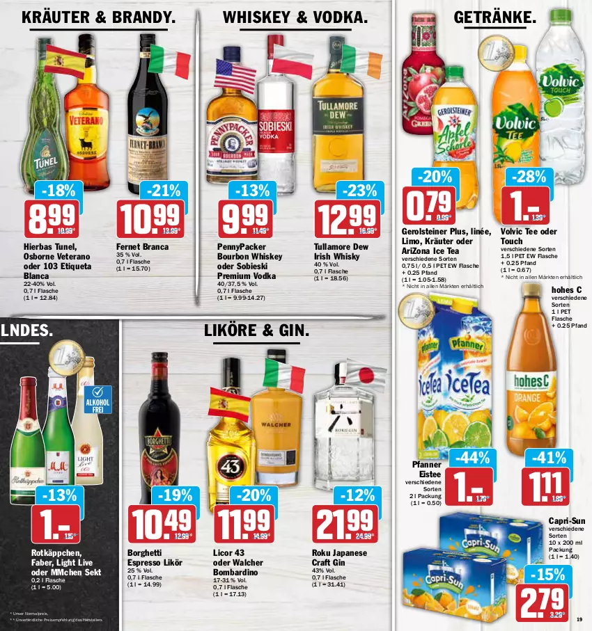 Aktueller Prospekt Aez - Prospekte - von 19.04 bis 23.04.2022 - strona 19 - produkty: bourbon, bourbon whiskey, Cap, capri-sun, eis, eistee, elle, espresso, Etiqueta Blanca, Fernet, fernet branca, flasche, gerolsteine, gerolsteiner, getränk, getränke, gin, Hohes C, ice tea, kräuter, licor, licor 43, likör, limo, osborne, pfanne, Pfanner, premium vodka, reis, rotkäppchen, sekt, steiner, tee, teller, Ti, tullamore, tullamore dew, veterano, vodka, volvic, whiskey, whisky