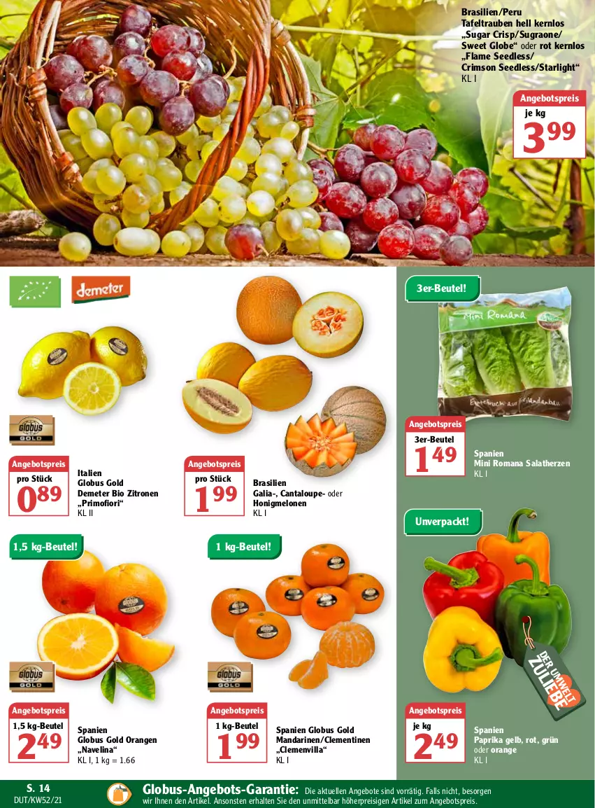 Aktueller Prospekt Globus - Prospekte - von 27.12.2022 bis 01.01.2023 - strona 14 - produkty: angebot, angebote, angebotspreis, beutel, bio, clementinen, eis, elle, honig, honigmelone, honigmelonen, mandarine, mandarinen, melone, melonen, navelina, orange, orangen, paprika, reis, salat, salatherzen, starlight, tafeltrauben, Ti, trauben, zitrone, zitronen