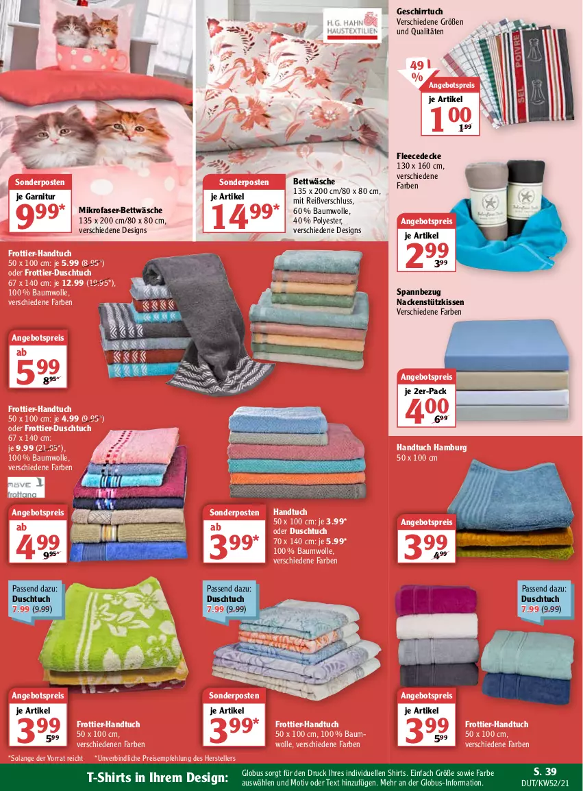 Aktueller Prospekt Globus - Prospekte - von 27.12.2022 bis 01.01.2023 - strona 39 - produkty: angebot, angebotspreis, Bau, baumwolle, bett, bettwäsche, decke, duschtuch, eis, elle, fleecedecke, frottier-handtuch, garnitur, geschirr, geschirrtuch, handtuch, kissen, mikrofaser, nackenstützkissen, reis, shirt, shirts, sonderposten, Spannbezug, T-Shirt, teller, Ti, tuc, wolle