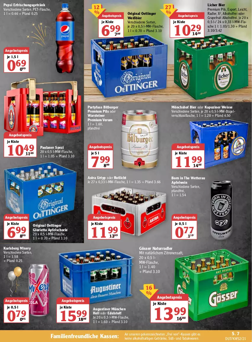 Aktueller Prospekt Globus - Prospekte - von 27.12.2022 bis 01.01.2023 - strona 7 - produkty: alkohol, angebot, angebotspreis, apfel, Apfelschorle, apfelwein, Astra, bier, bitburger, bügel, burger, eis, erfrischungsgetränk, flasche, getränk, getränke, gin, gösser, grapefruit, karlsberg, karlsberg mixery, Mixer, mixery, mönchshof, mw-flasche, natur, oettinger, Paula, paulaner, pepsi, pet-flasche, pils, premium pils, radler, reis, rum, saft, schorle, Spezi, steiner, Ti, urtyp, warsteiner, wein, zitrone, zitronen, zitronensaft