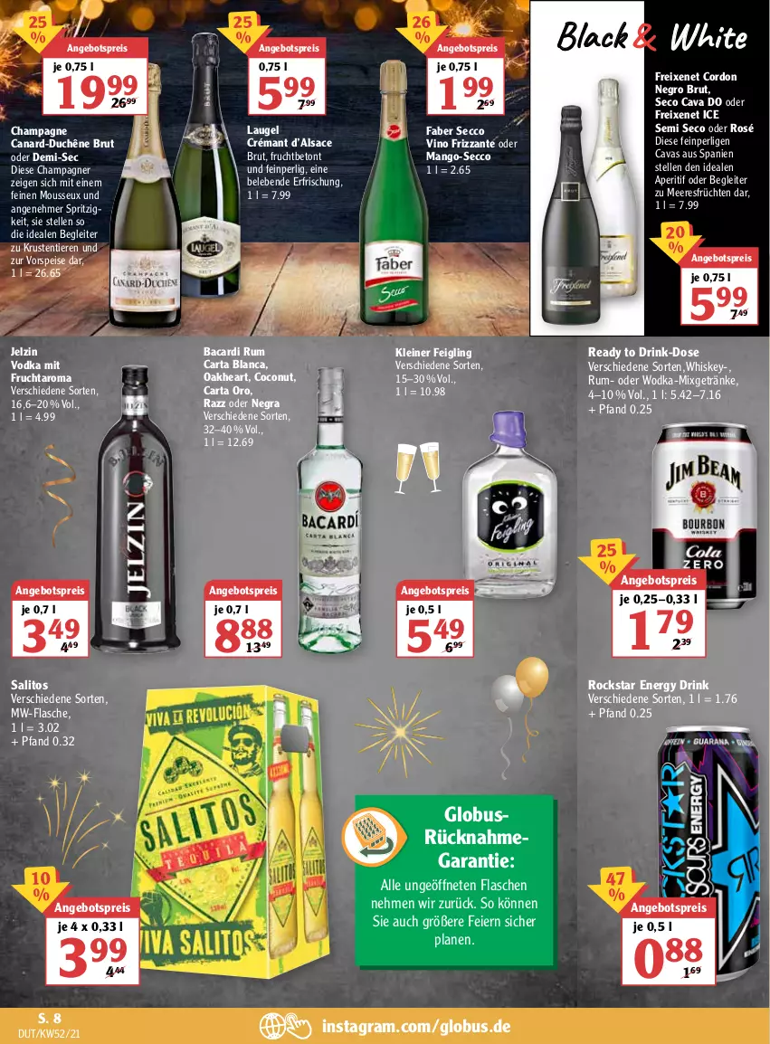 Aktueller Prospekt Globus - Prospekte - von 27.12.2022 bis 01.01.2023 - strona 8 - produkty: angebot, angebotspreis, aperitif, bacardi, bacardi rum, brut, Cava, champagne, champagner, coconut, drink, ecco, eier, eis, elle, energy drink, flasche, freixenet, frizzante, frucht, früchte, früchten, getränk, getränke, jelzin, kleiner feigling, lack, leine, mango, meeresfrüchte, mit frucht, Mixgetränk, mousse, mw-flasche, oakheart, reis, Rockstar, rum, sac, Ti, Tiere, vodka, vorspeise, whiskey, wodka