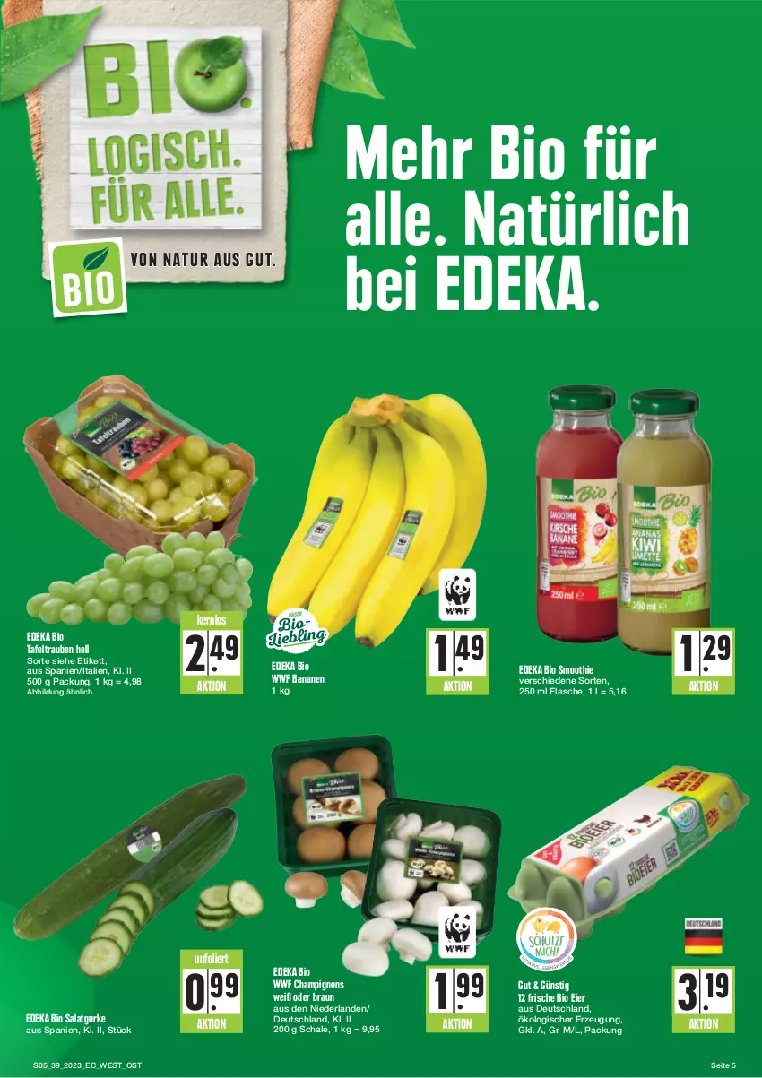 Aktueller Prospekt E Center - Angebote der Woche - von 25.09 bis 30.09.2023 - strona 5 - produkty: banane, bananen, bio, braun, champignon, champignons, deka, edeka bio, eier, flasche, gurke, salat, Salatgurke, Schal, Schale, smoothie, tafeltrauben, Ti, trauben