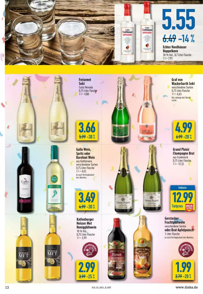 Aktueller Prospekt Diska - Prospekte - von 27.12 bis 31.12.2021 - strona 13 - produkty: apfel, brut, burger, champagne, doppelkorn, eis, flasche, freixenet, gallo, Glühwein, honig, katlenburger, korn, sekt, wein