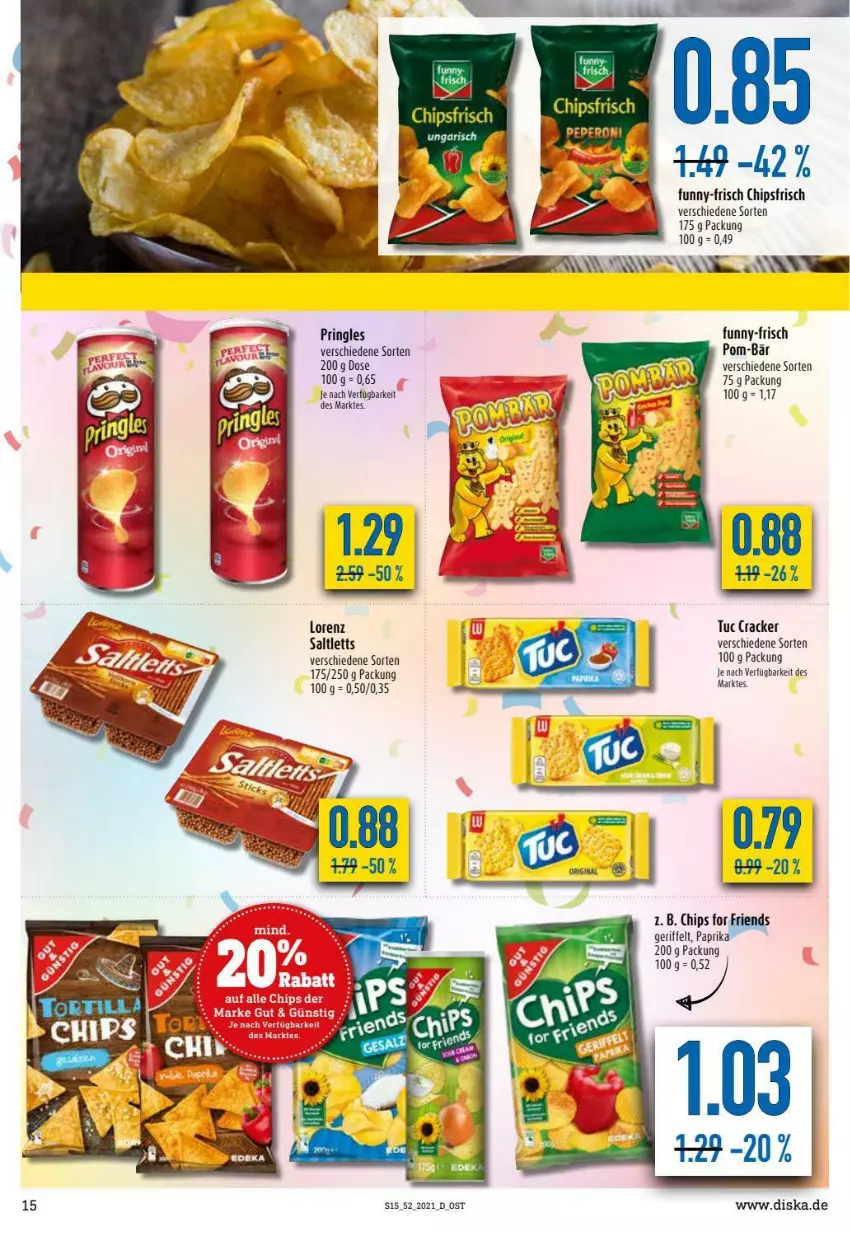 Aktueller Prospekt Diska - Prospekte - von 27.12 bis 31.12.2021 - strona 15 - produkty: chips, chipsfrisch, cracker, funny-frisch, lorenz, paprika, pom-bär, pringles, ring, saltletts, tuc