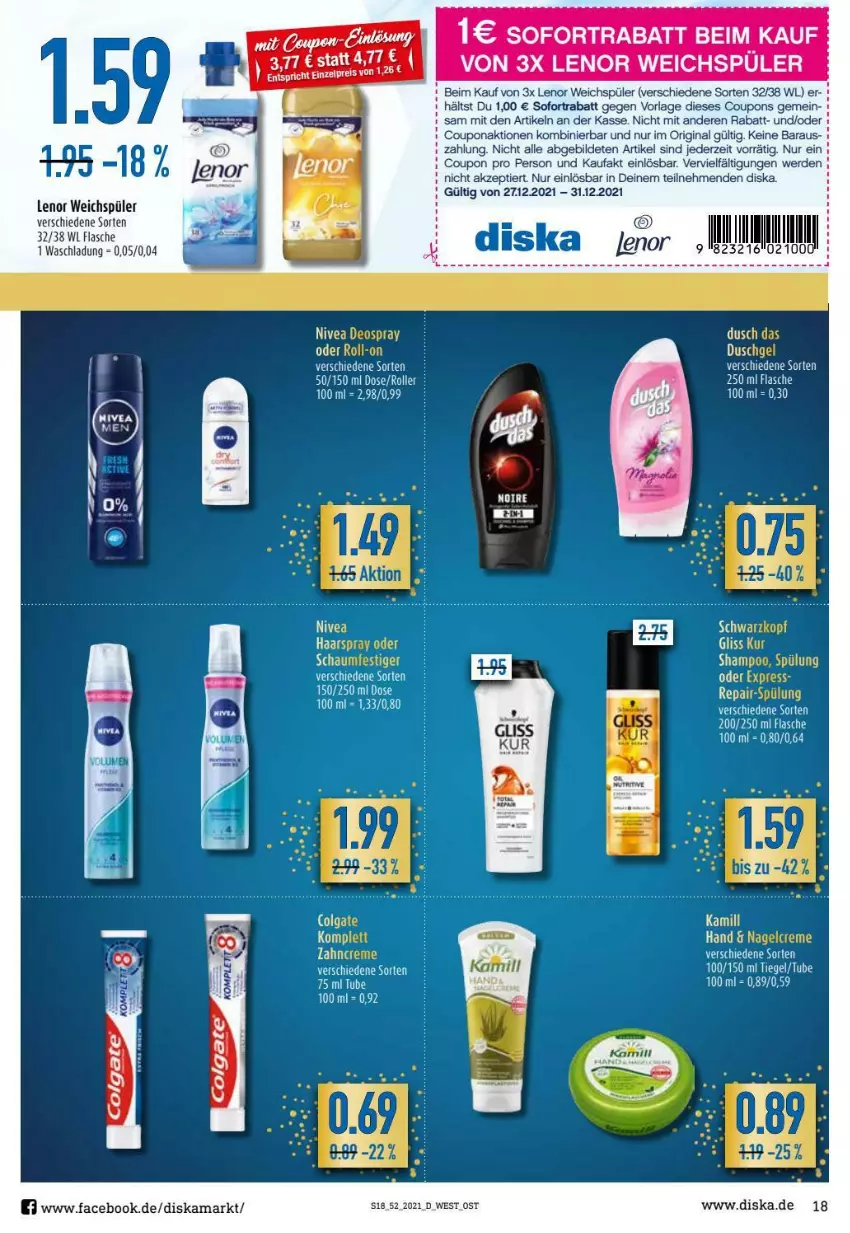 Aktueller Prospekt Diska - Prospekte - von 27.12 bis 31.12.2021 - strona 18 - produkty: colgate, coupon, coupons, erde, flasche, gin, gliss, Kamill, lenor, lenor weichspüler, LG, sofortrabatt, tee, Ti, weichspüler