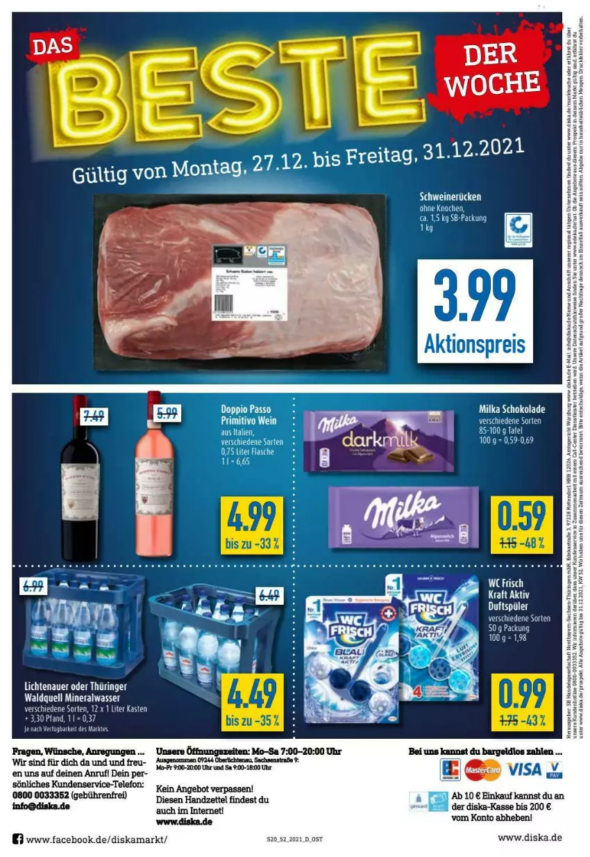 Aktueller Prospekt Diska - Prospekte - von 27.12 bis 31.12.2021 - strona 20 - produkty: Alwa, angebot, angebote, auer, deka, eis, ente, flasche, kraft, LG, lichtenauer, milka, milka schokolade, mineralwasser, rasen, ring, schoko, schokolade, spee, tee, Ti, uhr, wasser, wc frisch, WC Frisch Kraft Aktiv