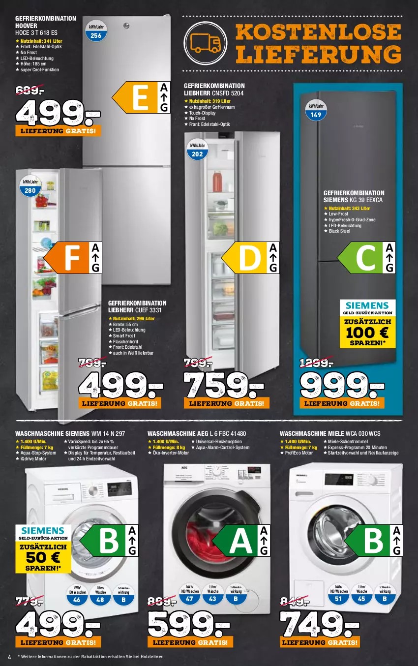 Aktueller Prospekt Holzleitner - von 01.11 bis 30.11.2022 - strona 4 - produkty: aeg, aqua, auer, beleuchtung, Brei, edelstahl, flasche, gefrierkombination, Holz, hoover, lack, led-beleuchtung, liebherr, miele, nation siemens, siemens, spee, tee, Ti, trommel, waschmaschine, ZTE