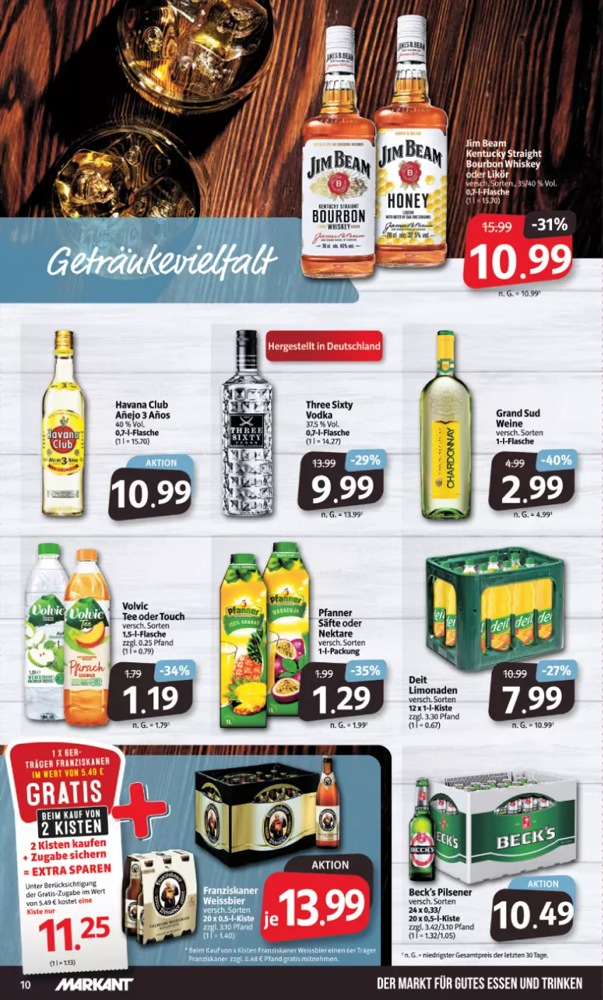 Aktueller Prospekt Markant - Prospekte - von 19.02 bis 24.02.2024 - strona 10 - produkty: beck's, bourbon, bourbon whiskey, deit, eis, flasche, franziskaner, grand sud, gutes essen, Havana Club, jim beam, kentucky straight, likör, limo, limonade, limonaden, Nektar, pfanne, Pfanner, pils, pilsener, reis, säfte, tee, Three Sixty, Ti, tuc, vodka, volvic, wein, weine, whiskey, ZTE