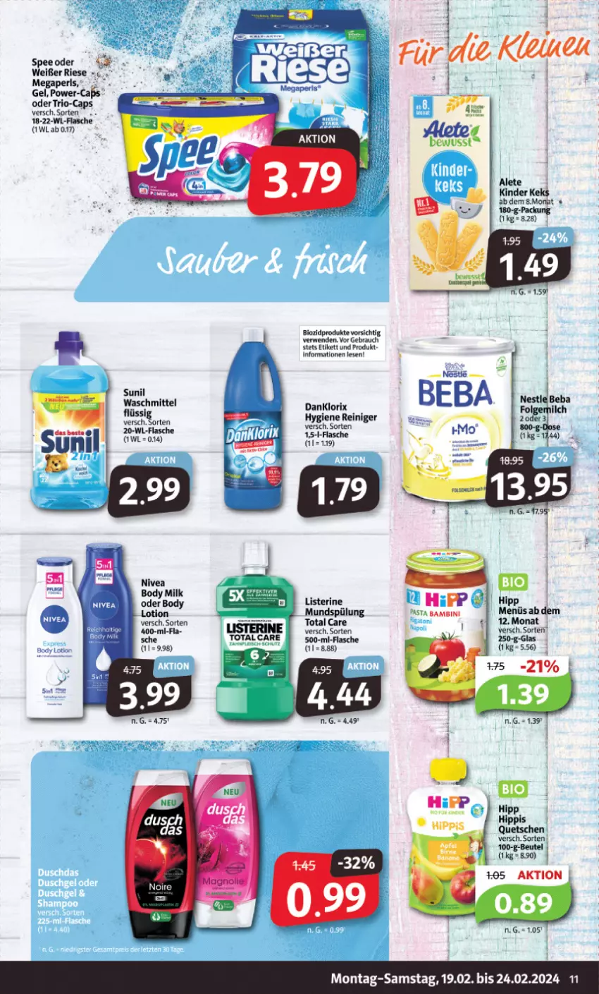 Aktueller Prospekt Markant - Prospekte - von 19.02 bis 24.02.2024 - strona 11 - produkty: beutel, bio, biozidprodukte, body, body milk, Cap, danklorix, flasche, hipp, listerine, Lotion, megaperls, mundspülung, pasta, Rauch, reiniger, rwe, spee, spülung, sunil, Ti, total care