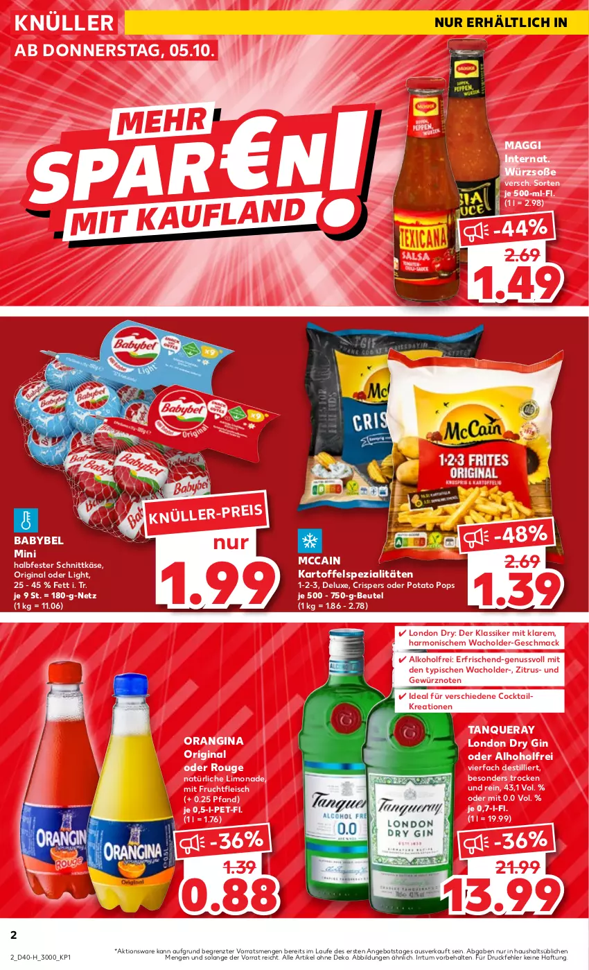 Aktueller Prospekt Kaufland - Extra-Angebote - von 05.10 bis 11.10.2023 - strona 2 - produkty: alkohol, angebot, babybel, beutel, cocktail, dry gin, eis, fleisch, frucht, fruchtfleisch, gewürz, gin, halbfester schnittkäse, kartoffel, Käse, limo, limonade, london dry, london dry gin, mac, maggi, mccain, mit frucht, nuss, orangina, rouge, schnittkäse, Soße, Spezi, Tanqueray, Ti, ZTE