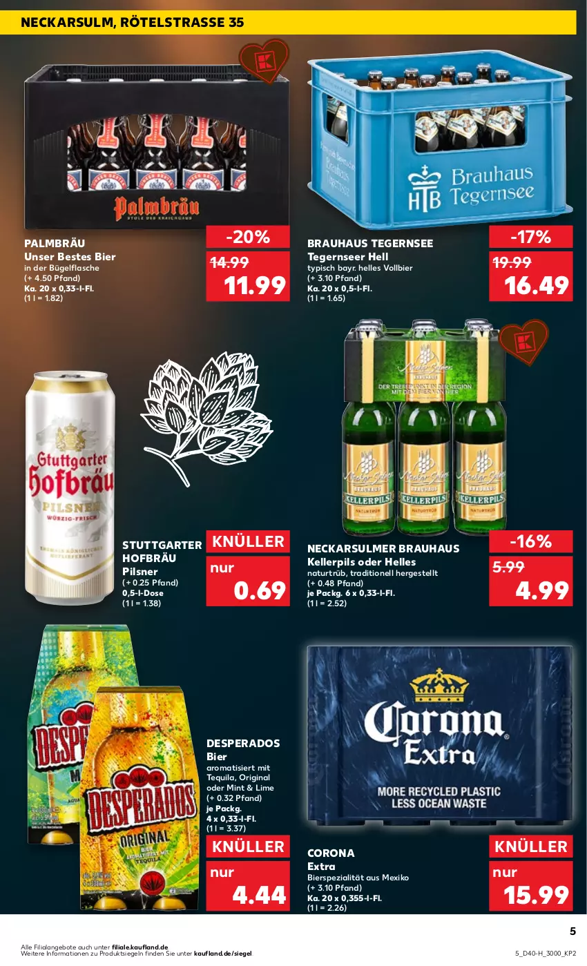 Aktueller Prospekt Kaufland - Extra-Angebote - von 05.10 bis 11.10.2023 - strona 5 - produkty: angebot, angebote, bier, bügel, bügelflasche, corona, corona extra, desperados, elle, flasche, gin, mint, natur, pils, pilsner, Spezi, Tegernseer, tequila, Ti