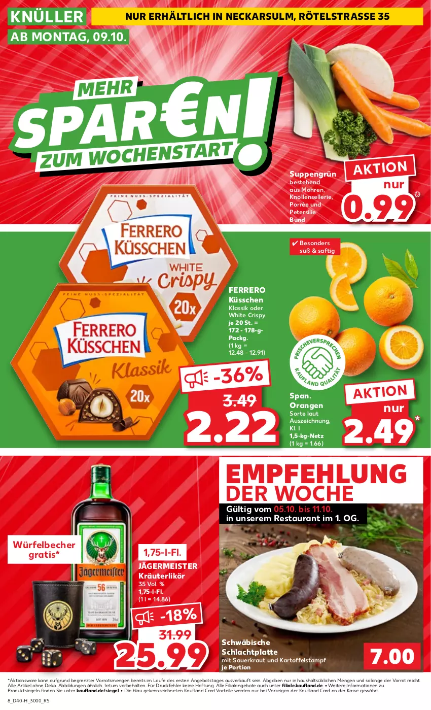 Aktueller Prospekt Kaufland - Extra-Angebote - von 05.10 bis 11.10.2023 - strona 8 - produkty: angebot, angebote, auer, Becher, eis, elle, erde, ferrero, Ferrero Küsschen, Germ, jägermeister, kartoffel, Kraut, kräuter, kräuterlikör, latte, likör, Meister, möhren, orange, orangen, petersilie, saft, Sauerkraut, suppe, suppen, Ti, würfel, ZTE