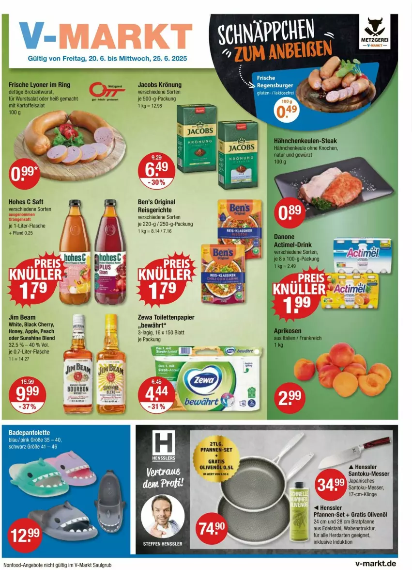 Aktueller Prospekt Vmarkt - Prospekte - von 20.06 bis 25.06.2025 - strona 1 - produkty: angebot, angebote, Apple, Bad, Ben’s Original, bratpfanne, edelstahl, eis, flasche, gin, herdarten, Hohes C, jacobs, jacobs krönung, je 1-liter-flasche, jim beam, kartoffel, kartoffelsalat, lack, LG, lyoner, mac, messer, mumm, olive, oliven, olivenöl, pantolette, papier, pfanne, pfannen, pfannen-set, reis, ring, saft, salat, sunshine, Ti, toilettenpapier, wurst, Yo, zewa