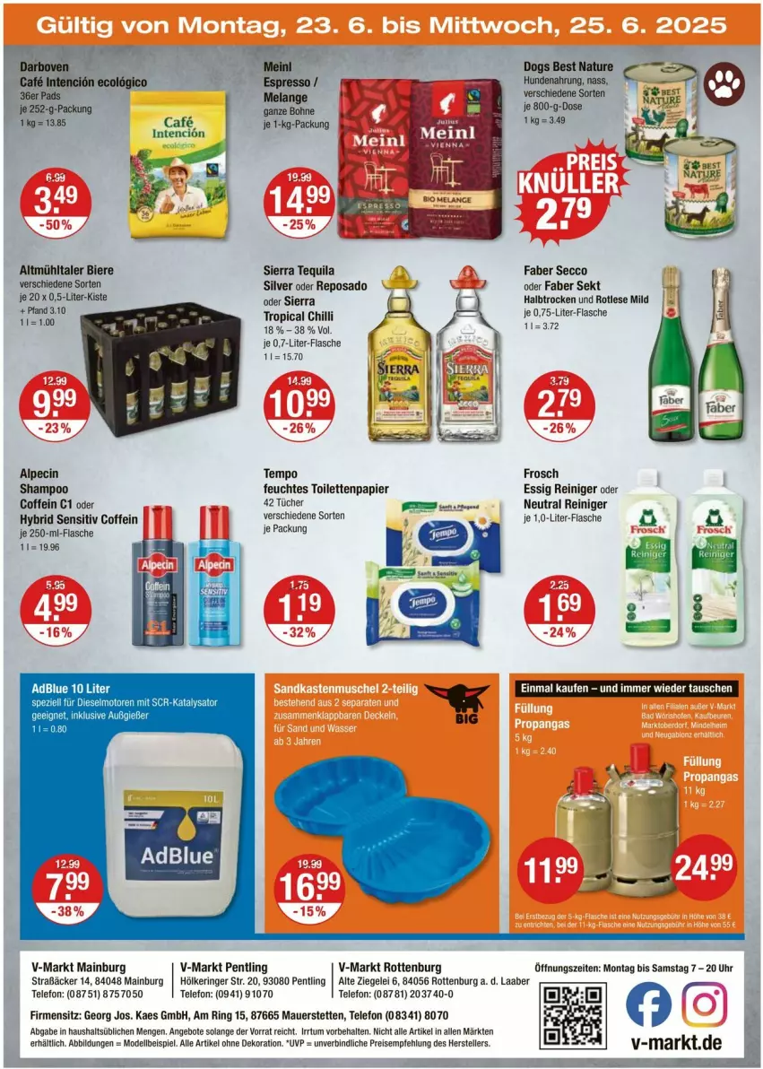 Aktueller Prospekt Vmarkt - Prospekte - von 20.06 bis 25.06.2025 - strona 20 - produkty: alle artikel ohne dekoration, alpecin, angebot, angebote, auer, bier, Biere, bohne, cin, coffein, darbo, darboven, dekoration, dell, Diesel, ecco, eis, Elan, elle, espresso, essig, feuchtes toilettenpapier, flasche, Frosch, hundenahrung, kaes, LG, Mode, natur, papier, reiniger, reis, ring, sekt, shampoo, Sierra, sierra tequila, Spezi, telefon, teller, Tempo, tequila, Ti, toilettenpapier, tücher, uhr