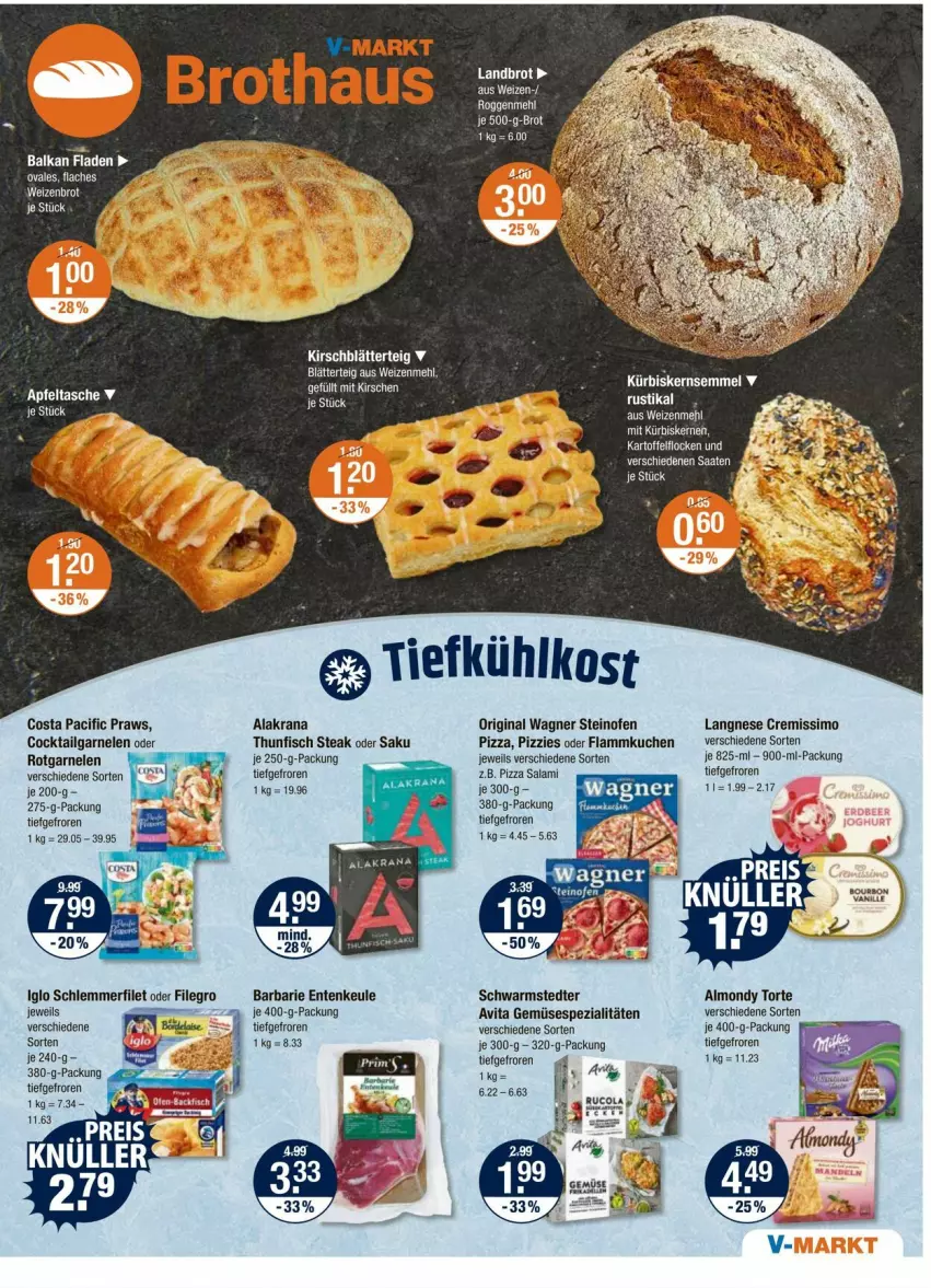 Aktueller Prospekt Vmarkt - Prospekte - von 20.06 bis 25.06.2025 - strona 5 - produkty: apfel, Apfeltasche, blätterteig, brot, Cif, cocktail, cremissimo, ente, Entenkeule, filegro, filet, fisch, flammkuchen, garnelen, gin, iglo, je 250-g-packung, kartoffel, kirsch, kuchen, lamm, langnese, langnese cremissimo, LG, mehl, Ofen, original wagner, pizza, Rana, salami, schlemmerfilet, schwarmstedter, sim, Spezi, steak, steinofen, steinofen pizza, Tasche, thunfisch, Ti, tiefkühlkost, torte, vita, wagner, weizenmehl