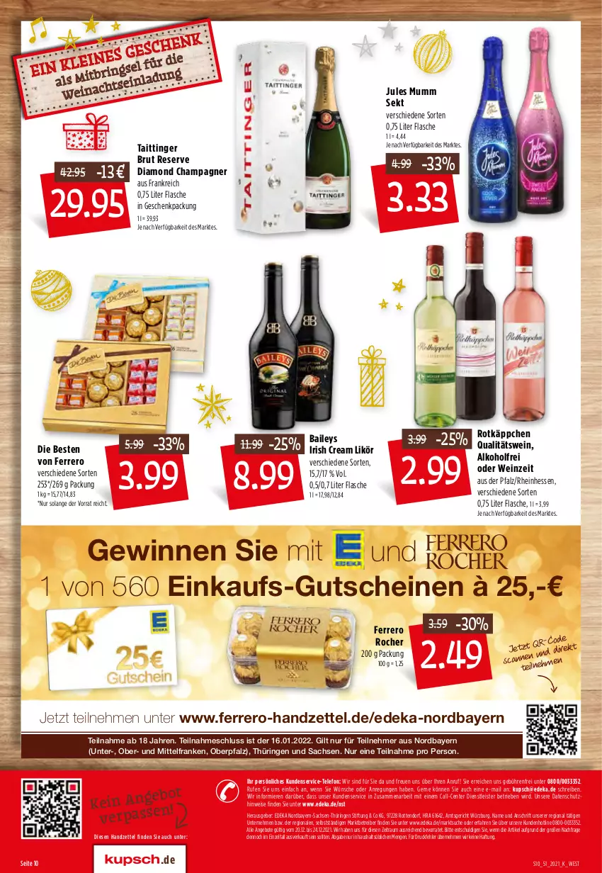 Aktueller Prospekt Kupsch - Angebote der Woche - von 20.12 bis 25.12.2021 - strona 12 - produkty: alkohol, angebot, angebote, baileys, brut, champagne, champagner, deka, eis, ente, ferrero, Ferrero Rocher, flasche, geschenkpackung, gutschein, gutscheine, irish cream, jules mumm, likör, mumm, qualitätswein, ring, rotkäppchen, sac, sekt, telefon, Ti, wein