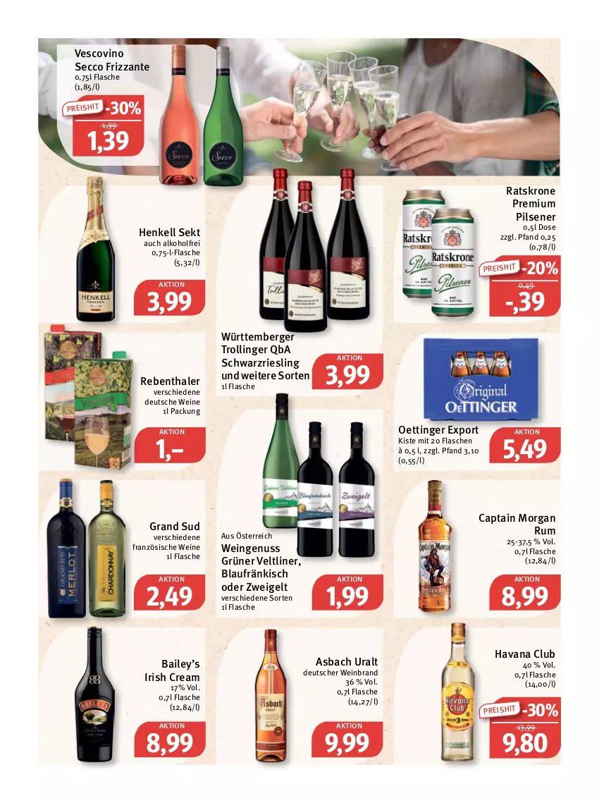 Aktueller Prospekt Feneberg - Prospekte - von 30.06 bis 02.07.2022 - strona 12 - produkty: alkohol, asbach uralt, Berger, Cap, captain morgan, ecco, eis, flasche, frizzante, grand sud, grüner veltliner, Havana Club, henkel, henkell, henkell sekt, irish cream, krone, nuss, oettinger, pils, pilsener, premium pils, reis, riesling, rum, schwarzriesling, sekt, Ti, trolli, trollinger, vescovino, wein, weinbrand, weine, Zweigelt