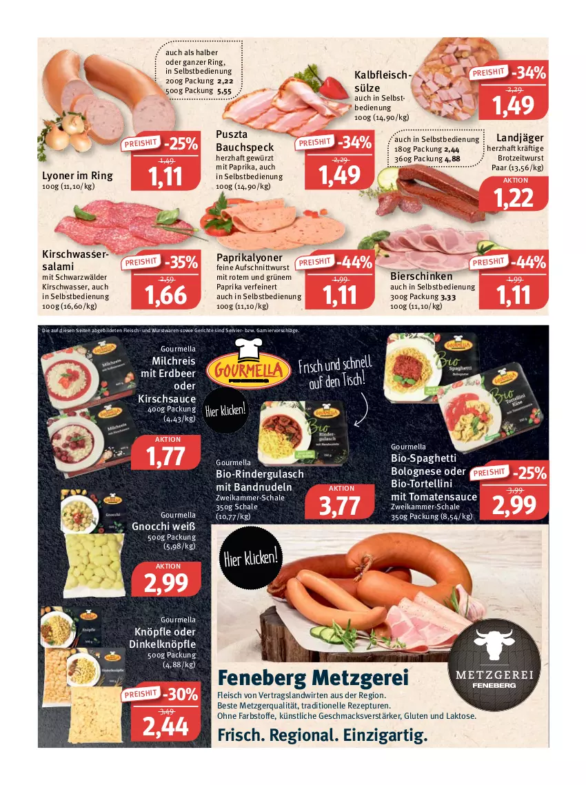 Aktueller Prospekt Feneberg - Prospekte - von 30.06 bis 02.07.2022 - strona 3 - produkty: aufschnitt, Bau, bier, bierschinken, bio, bolognese, brot, eis, elle, fleisch, garnier, gewürz, gnocchi, gulasch, Kalbfleisch, kirsch, landjäger, lyoner, mac, milch, milchreis, mit paprika, nudel, nudeln, paprika, reis, rezept, rind, rinder, rindergulasch, ring, salami, sauce, Schal, Schale, schinken, spaghetti, spaghetti bolognese, Speck, Ti, tisch, tomate, tomaten, tomatensauce, torte, tortellini, wasser, wurst, Yo