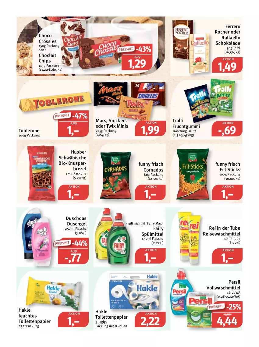 Aktueller Prospekt Feneberg - Prospekte - von 30.06 bis 02.07.2022 - strona 9 - produkty: beutel, bio, brezel, chips, choclait chips, choco crossies, crossies, duschdas, duschgel, eis, fairy, ferrero, Ferrero Rocher, feuchtes toilettenpapier, flasche, frucht, fruchtgummi, Funny Frisch, hakle, hakle toilettenpapier, huober, mars, oder twix, papier, persil, raffaello, reis, schoko, schokolade, snickers, spülmittel, Ti, toblerone, toilettenpapier, trolli, trolli fruchtgummi, twix, vollwaschmittel, waschmittel