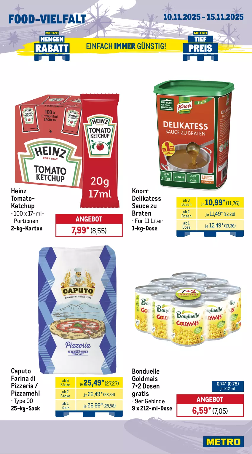 Aktueller Prospekt Metro - Wochen-Angebote Gastro - von 10.11 bis 15.11.2025 - strona 14 - produkty: angebot, bohne, bohnen, bonduelle, bonduelle goldmais, braten, caffè crema, Cap, delikatess sauce, drink, eis, elle, energy drink, flasche, getränk, getränke, Goldmais, heinz, ketchup, knorr, lavazza, mais, mehl, milka, Palette, Paula, paulaner, pizza, Pizzamehl, red bull, reis, Ria, sac, sauce, Spezi, Ti, tiefpreis