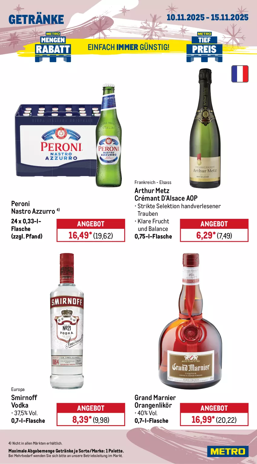 Aktueller Prospekt Metro - Wochen-Angebote Gastro - von 10.11 bis 15.11.2025 - strona 16 - produkty: akku, angebot, Behälter, eis, elle, flasche, frucht, getränk, getränke, likör, Metro, metro gastro, orange, orangen, Palette, papier, Peroni, persil, reis, sac, smirnoff, spee, teller, Ti, toilettenpapier, trauben, Trockensauger, vodka, vollwaschmittel, waschmittel, zewa
