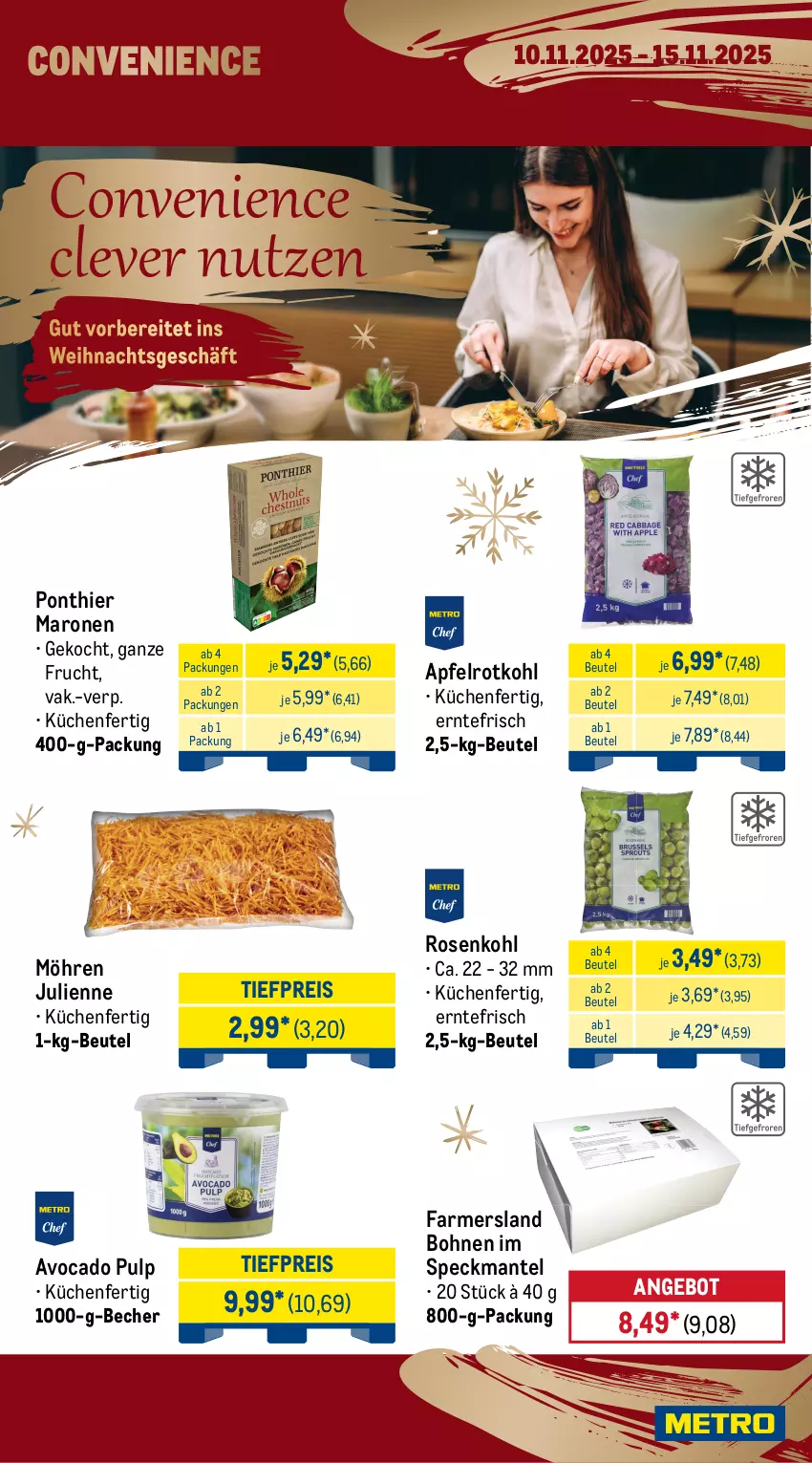Aktueller Prospekt Metro - Wochen-Angebote Gastro - von 10.11 bis 15.11.2025 - strona 9 - produkty: angebot, apfel, avocado, Becher, beutel, bohne, bohnen, cherrytomaten, eis, eisbergsalat, elle, frucht, küche, Küchen, Mantel, möhren, obst, reis, rosen, Rosenkohl, rotkohl, sac, salat, Speck, Ti, tiefpreis, tomate, tomaten