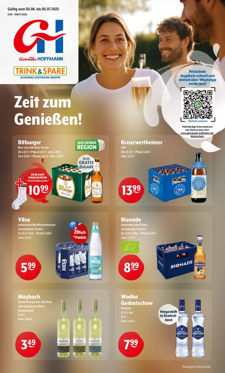 Aktueller Prospekt Getraenke Hoffmann - Prospekte - von 30.06 bis 05.07.2025 - strona 1 - produkty: Alwa, angebot, angebote, auer, bier, bio, bionade, bitburger, burger, burgunder, decke, eimer, eis, eistee, gin, Gorbatschow, grauer burgunder, limo, limonade, maybach, mineralwasser, riesling, sauvignon, sauvignon blanc, socken, tee, Ti, vilsa, wasser, wodka
